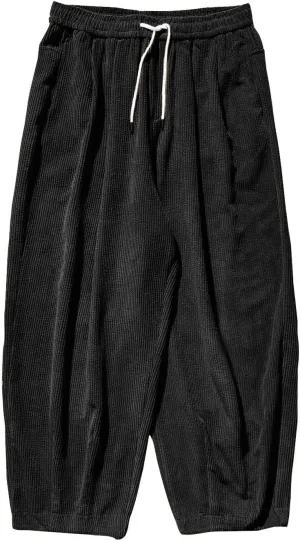 Men's Retro Corduroy Pants Elastic Waist Drawstring Baggy Harem Pants Stretch Fit Plus Size Bloomers Slacks with Pockets