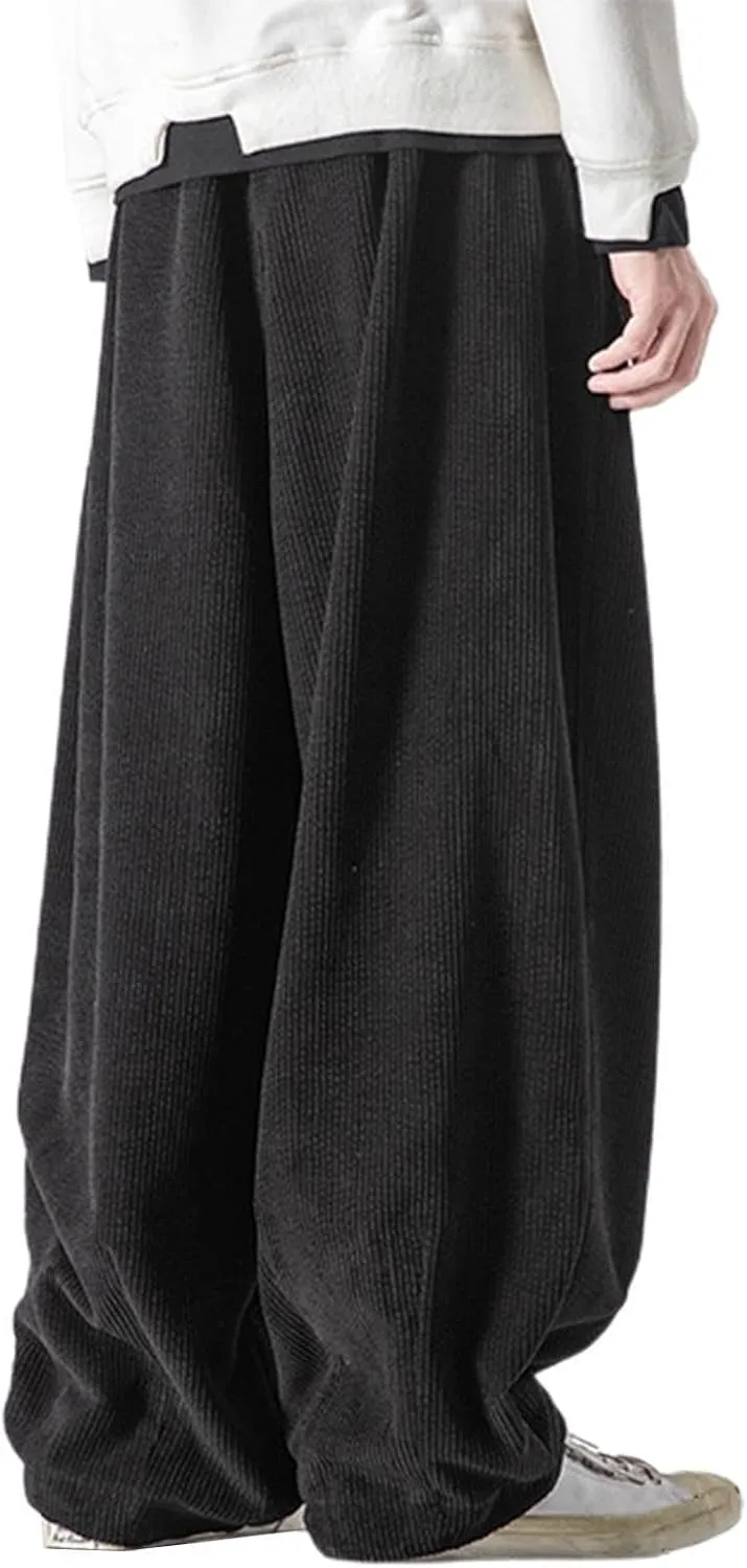 Men's Retro Corduroy Pants Elastic Waist Drawstring Baggy Harem Pants Stretch Fit Plus Size Bloomers Slacks with Pockets