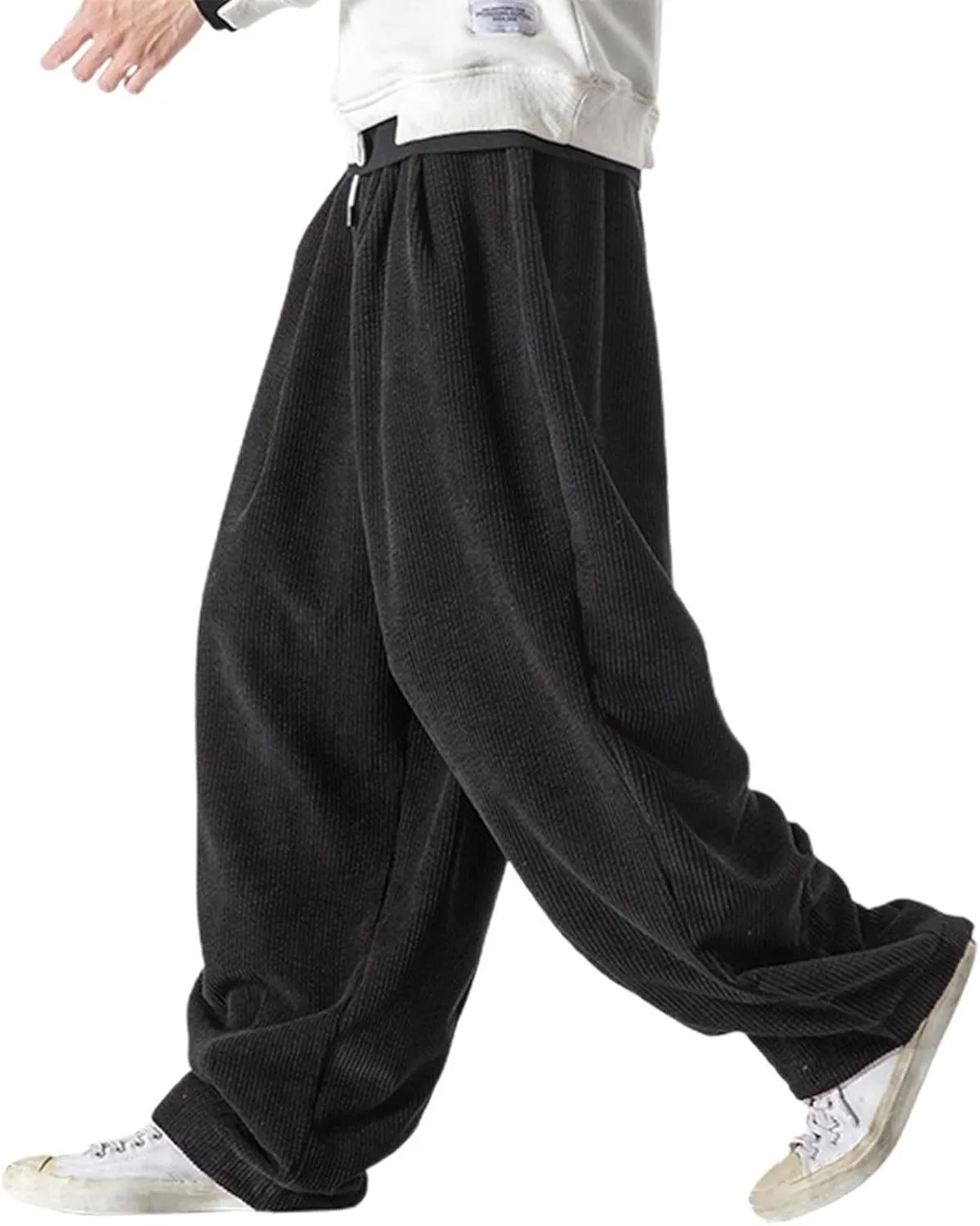 Men's Retro Corduroy Pants Elastic Waist Drawstring Baggy Harem Pants Stretch Fit Plus Size Bloomers Slacks with Pockets