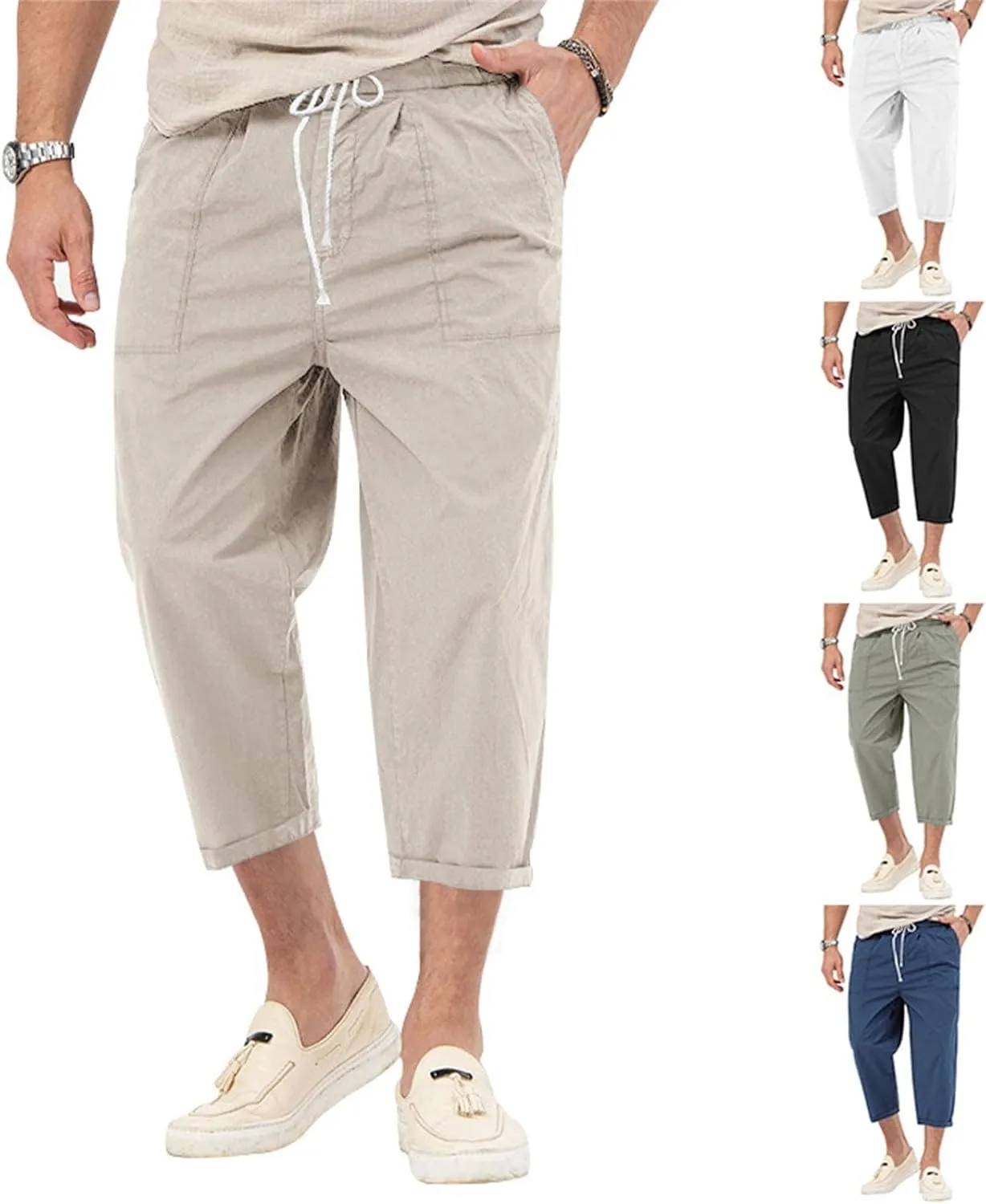 Mens Solid Capri Pants Expandable Drawstring Waist Combat Track Casual Cropped Pant Lightweight Tactical Summer Cozy Trousers