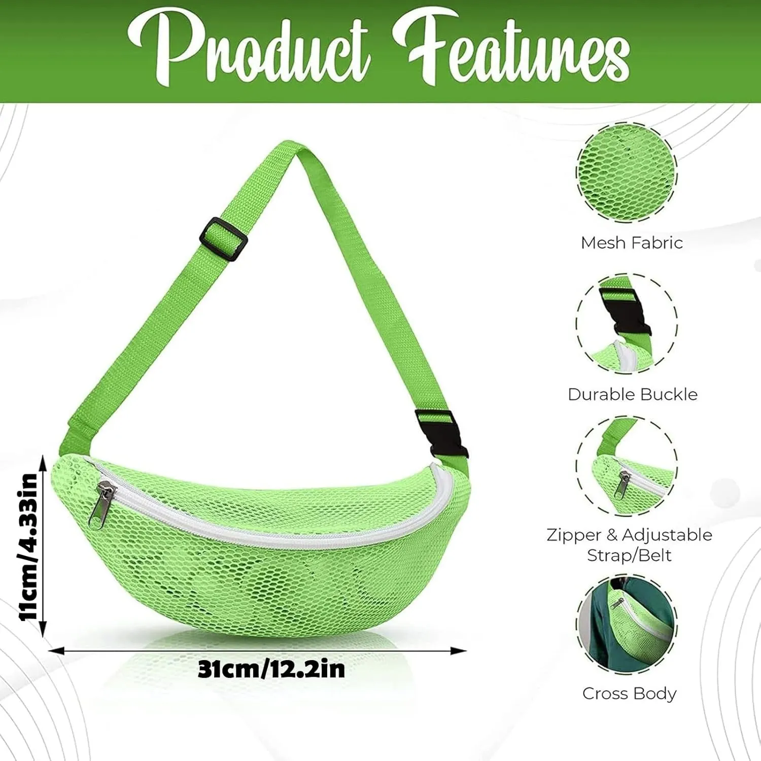 Mesh Beach Bag, Grid Clear Fanny Pack, Beach Waist Packs Sand Toys for Kids and Adults Waterproof Belt Lightweight Waist Bags for Outdoor Sports(Fluorescent Green)