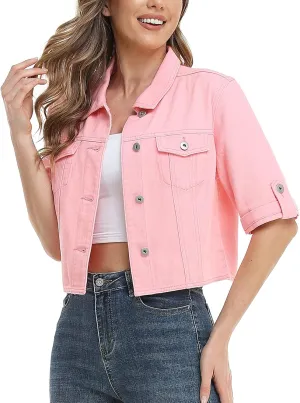 MISS MOLY Women's Cropped Denim Jackets Summer Short Sleeve Classic Casual Jean Jackets