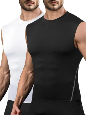 Odoland 2 Pack Men's Compression Sleeveless Shirts, Dry Fit Athletic Base Layer Tank Top, Sports Running Gym Workout Shirts