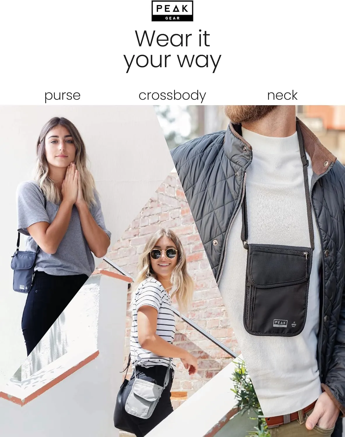 Peak Gear RFID Neck Wallet - The Orginal Travel Pouch with Adjustable Crossbody Strap   Theft Protection and Lost & Found Service | Gray