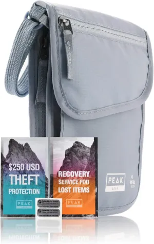 Peak Gear RFID Neck Wallet - The Orginal Travel Pouch with Adjustable Crossbody Strap   Theft Protection and Lost & Found Service | Gray