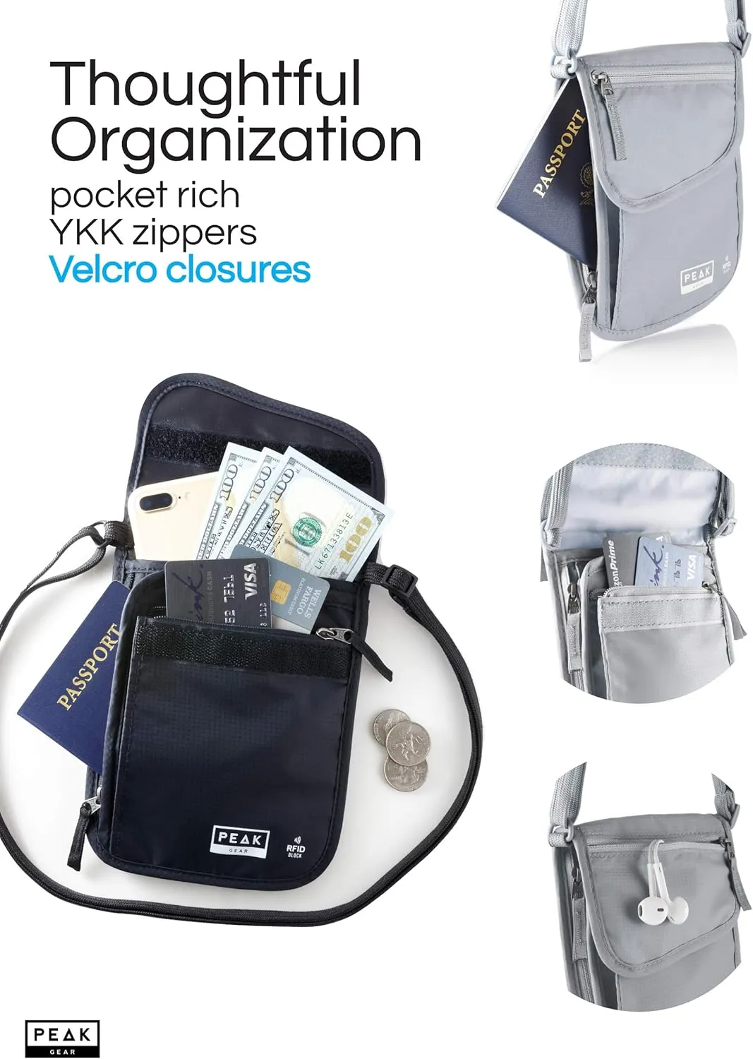 Peak Gear RFID Neck Wallet - The Orginal Travel Pouch with Adjustable Crossbody Strap   Theft Protection and Lost & Found Service | Gray