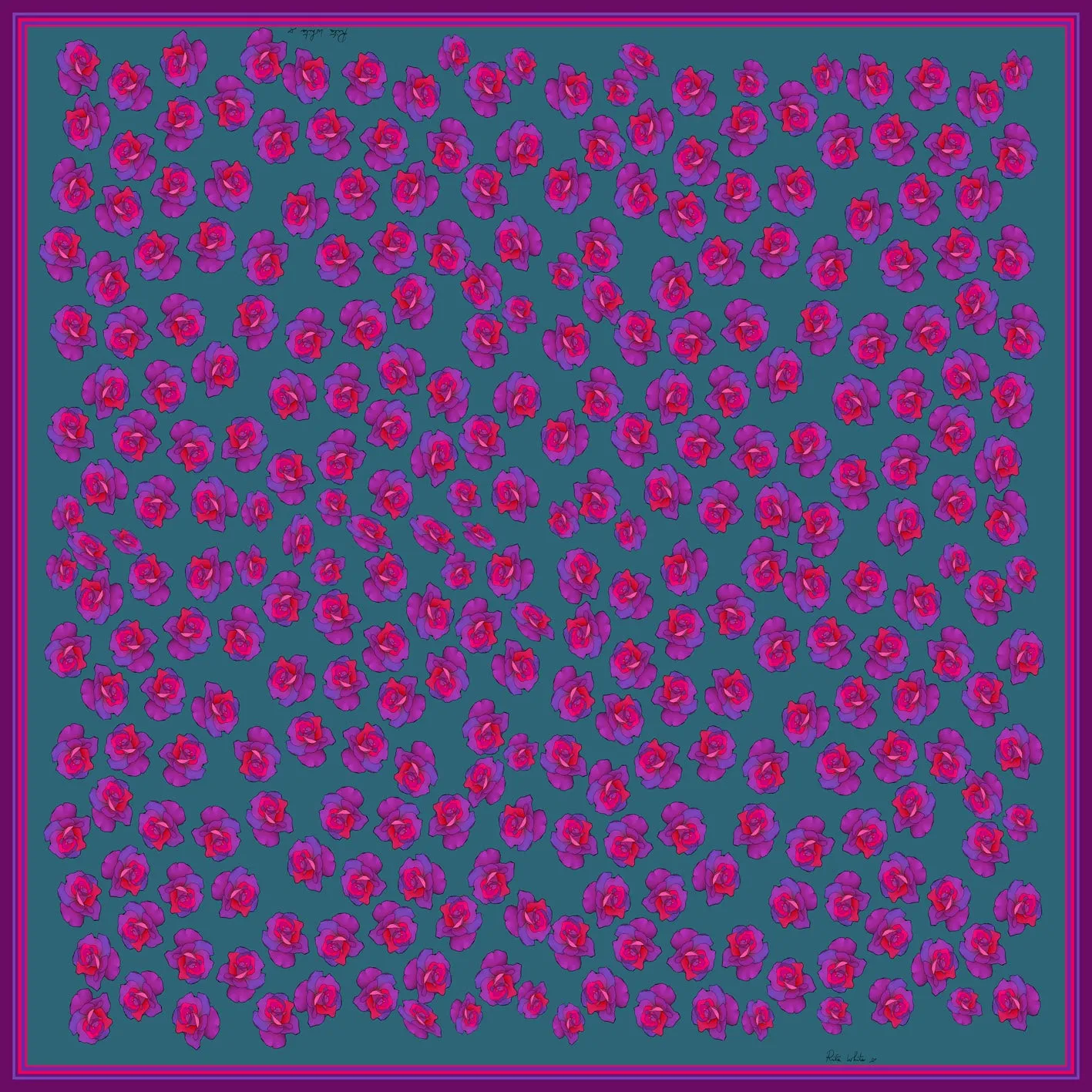 Pink/Purple Roses in Green, 100% Silk Twill, 70cm Square