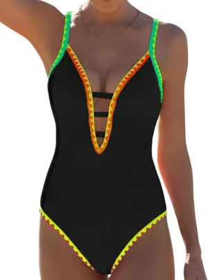 popvil Women One Piece Swimsuit Tummy Control Deep V Neck Neon Cute Bathing Suit Back Tie Swim Suits 2025 Summer