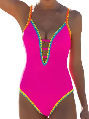 popvil Women One Piece Swimsuit Tummy Control Deep V Neck Neon Cute Bathing Suit Back Tie Swim Suits 2025 Summer