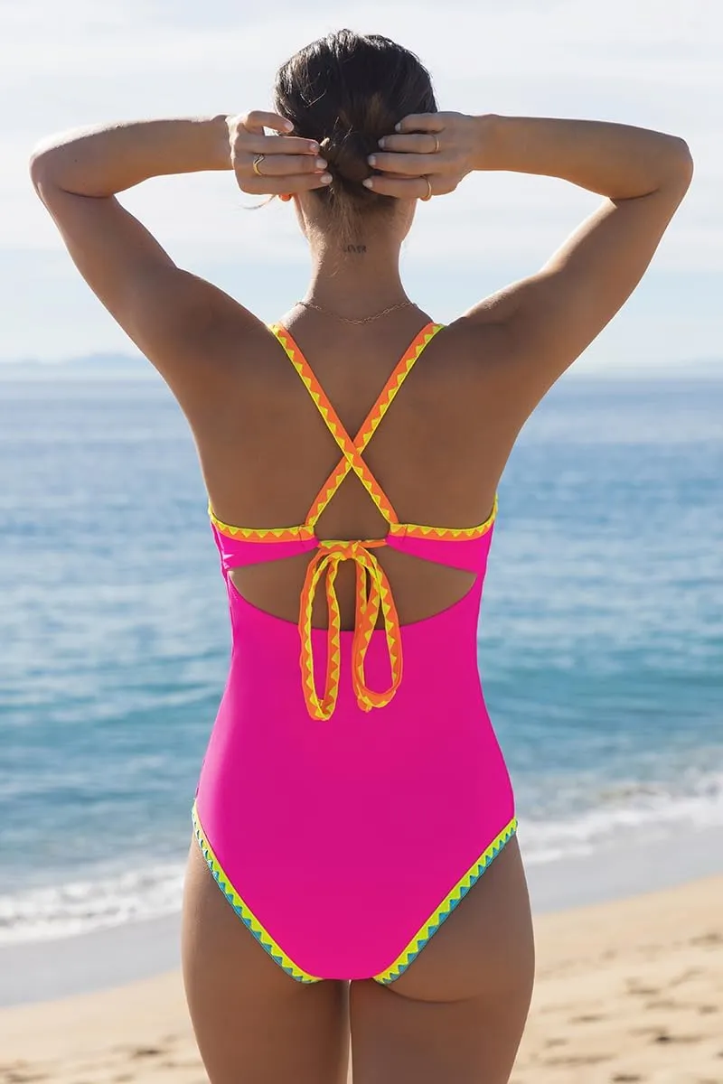 popvil Women One Piece Swimsuit Tummy Control Deep V Neck Neon Cute Bathing Suit Back Tie Swim Suits 2025 Summer