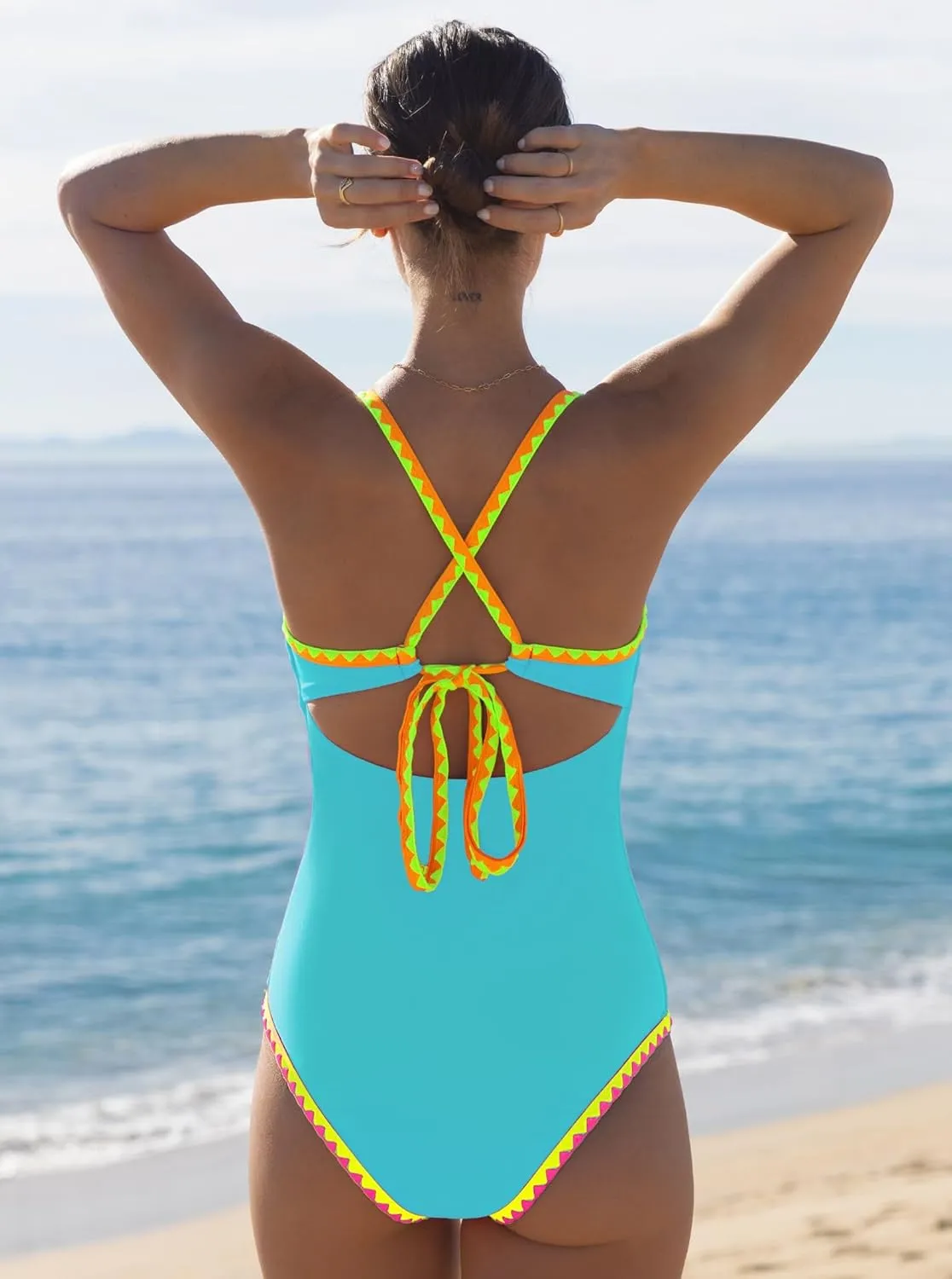 popvil Women One Piece Swimsuit Tummy Control Deep V Neck Neon Cute Bathing Suit Back Tie Swim Suits 2025 Summer