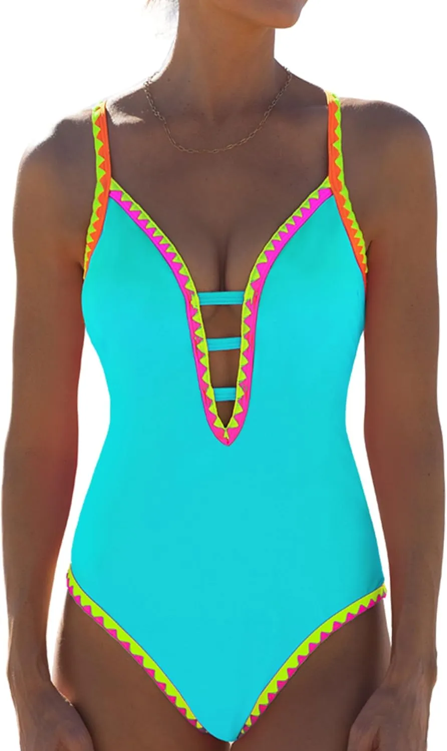 popvil Women One Piece Swimsuit Tummy Control Deep V Neck Neon Cute Bathing Suit Back Tie Swim Suits 2025 Summer