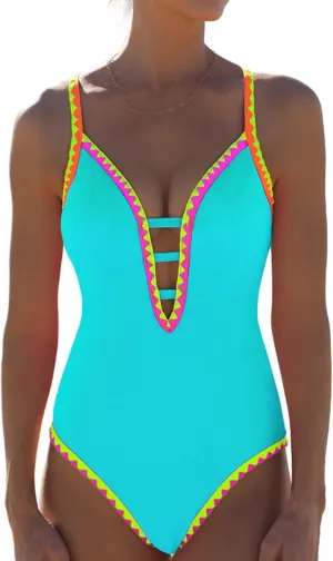 popvil Women One Piece Swimsuit Tummy Control Deep V Neck Neon Cute Bathing Suit Back Tie Swim Suits 2025 Summer