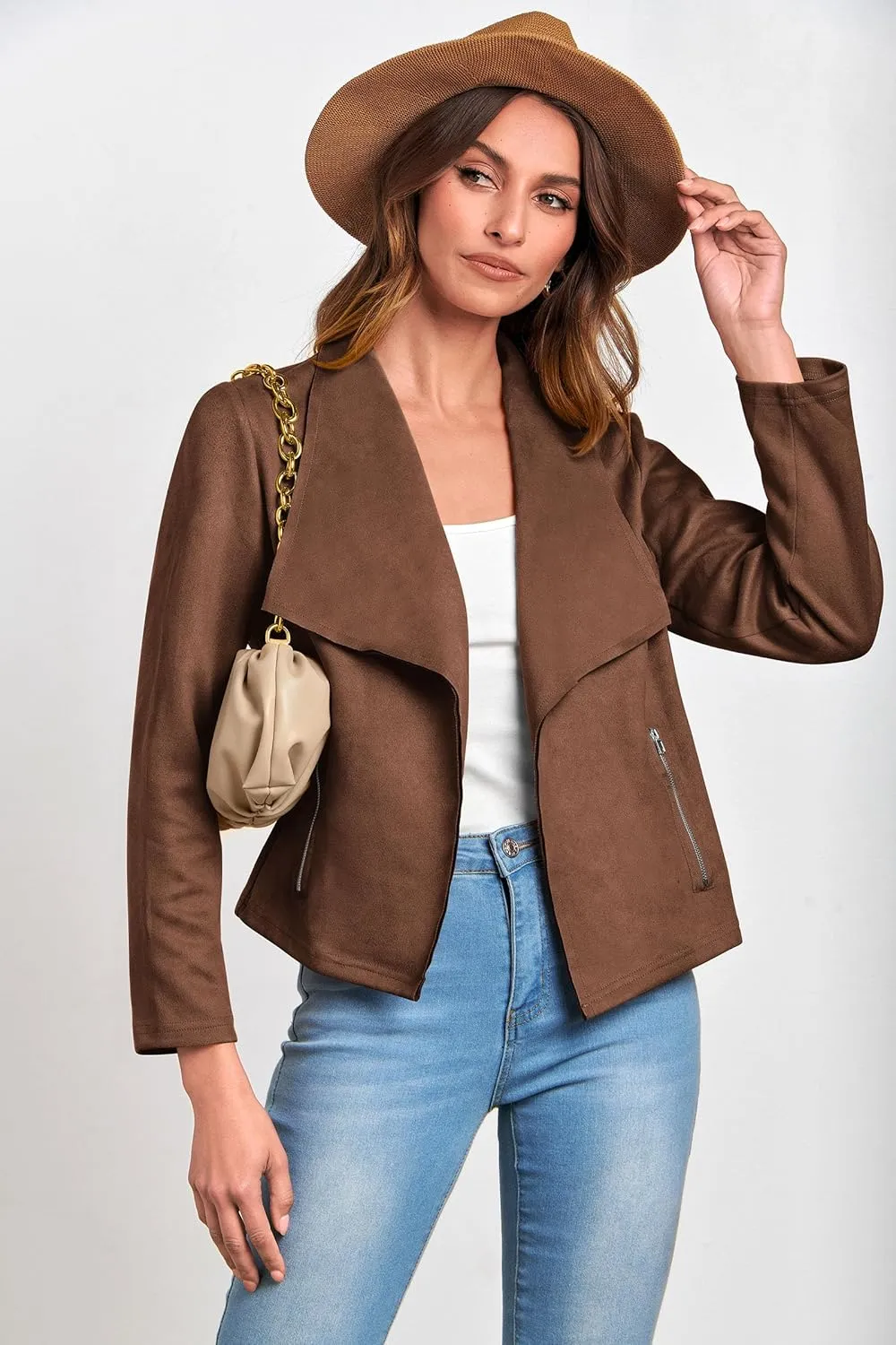 PRETTYGARDEN Women's Faux Suede Jackets 2025 Spring Fall Clothes Long Sleeve Open Front Cropped Coat Outwear