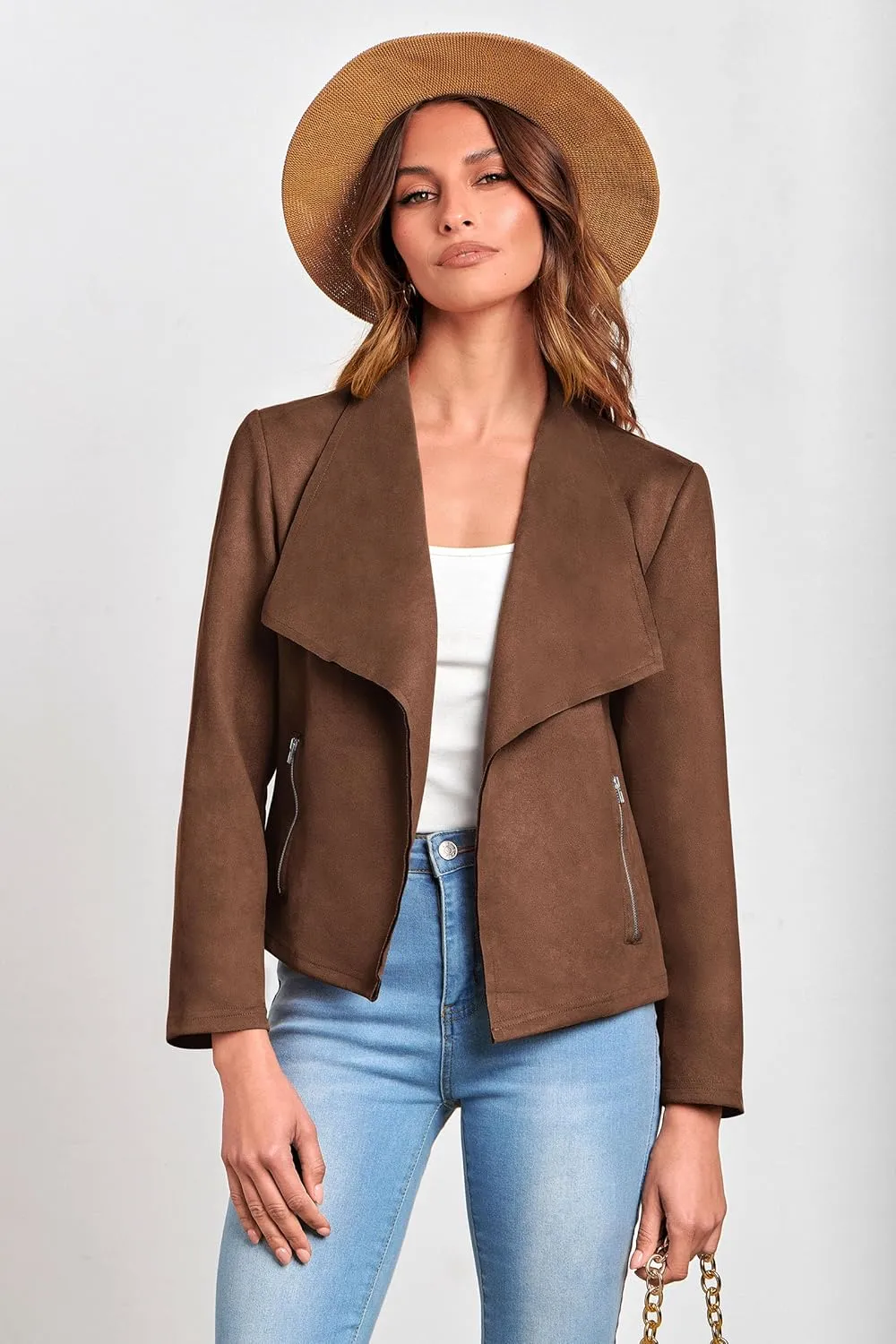 PRETTYGARDEN Women's Faux Suede Jackets 2025 Spring Fall Clothes Long Sleeve Open Front Cropped Coat Outwear