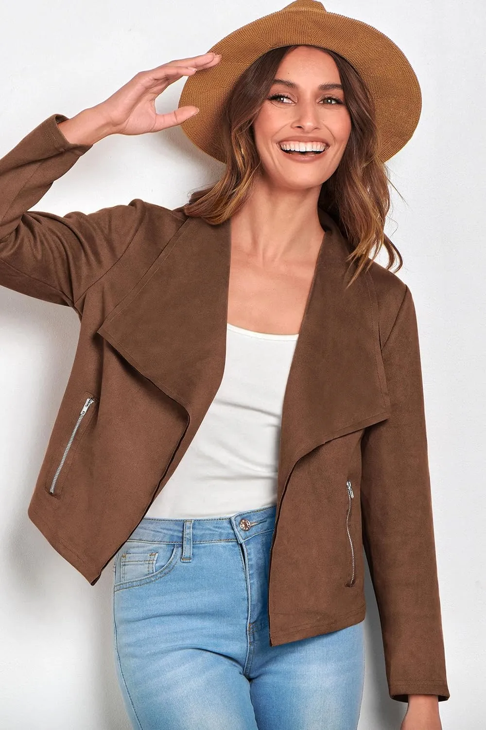 PRETTYGARDEN Women's Faux Suede Jackets 2025 Spring Fall Clothes Long Sleeve Open Front Cropped Coat Outwear