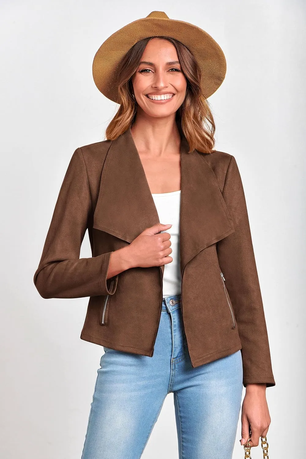 PRETTYGARDEN Women's Faux Suede Jackets 2025 Spring Fall Clothes Long Sleeve Open Front Cropped Coat Outwear