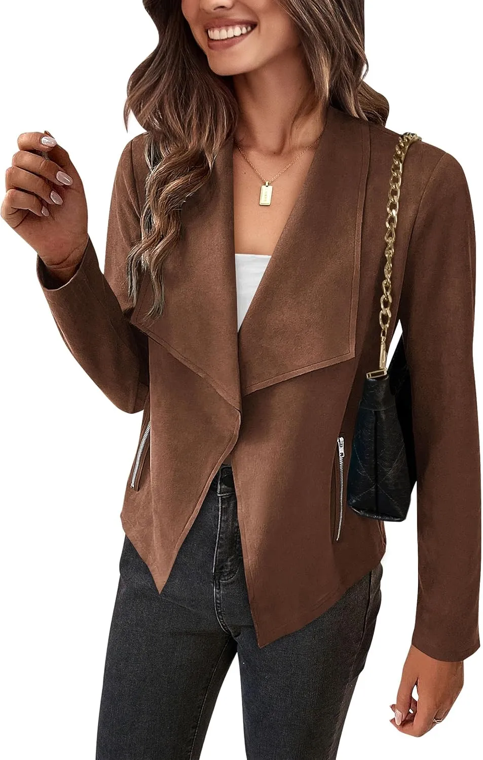 PRETTYGARDEN Women's Faux Suede Jackets 2025 Spring Fall Clothes Long Sleeve Open Front Cropped Coat Outwear