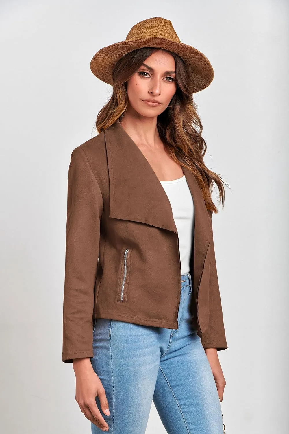 PRETTYGARDEN Women's Faux Suede Jackets 2025 Spring Fall Clothes Long Sleeve Open Front Cropped Coat Outwear