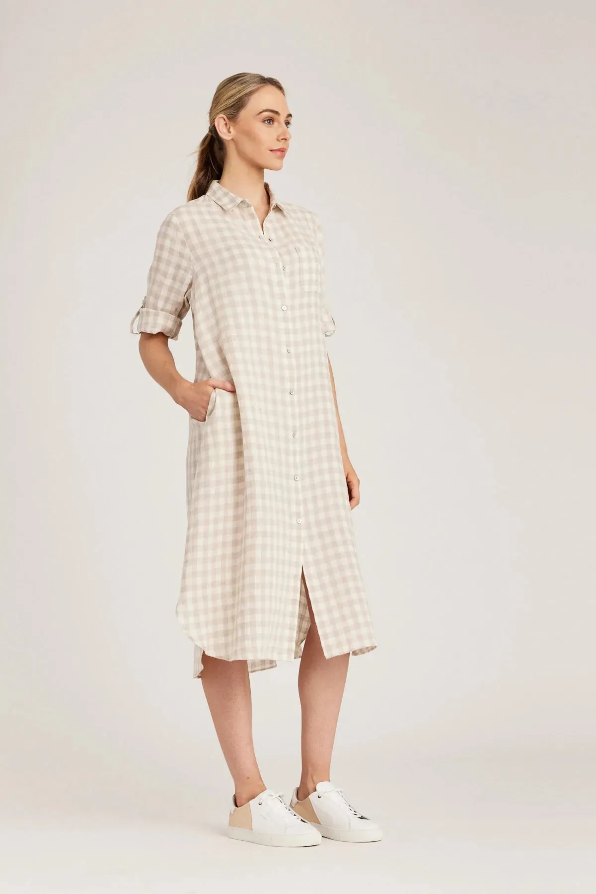 Pure Gingham Print Linen Shirt Dress