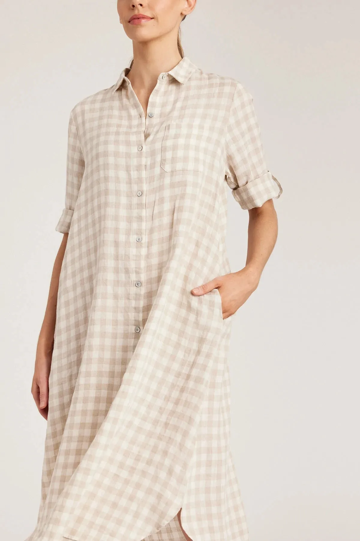 Pure Gingham Print Linen Shirt Dress