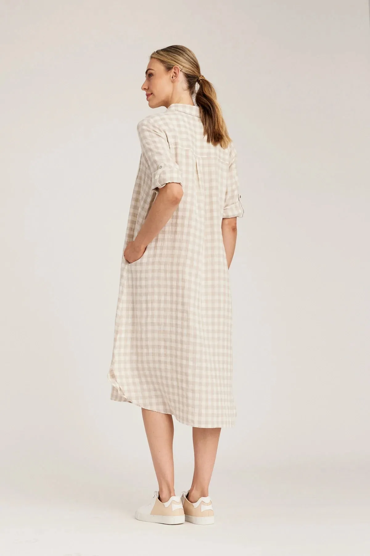 Pure Gingham Print Linen Shirt Dress