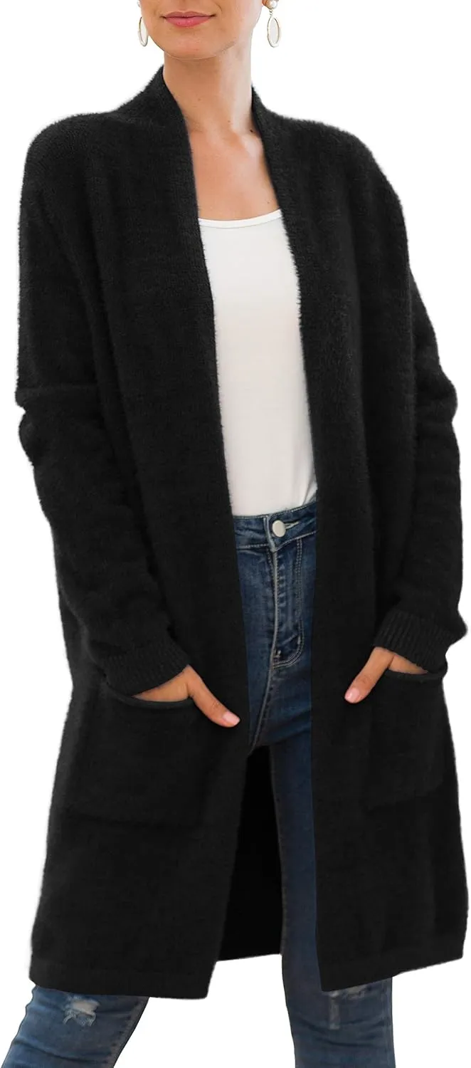 QIXING Women's Casual Open Front Knit Cardigans Long Sleeve Plush Sweater Coat with Pockets