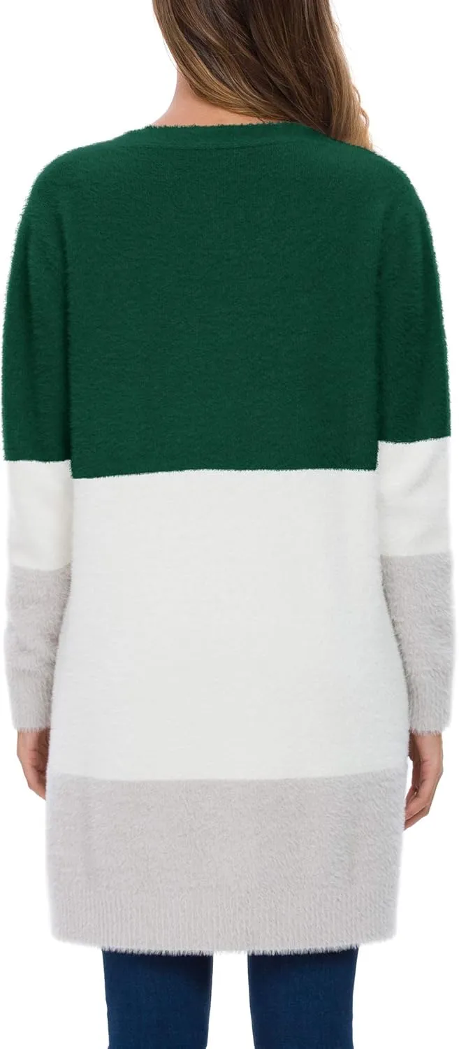 QIXING Women's Casual Open Front Knit Cardigans Long Sleeve Plush Sweater Coat with Pockets