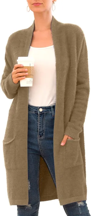 QIXING Women's Casual Open Front Knit Cardigans Long Sleeve Plush Sweater Coat with Pockets