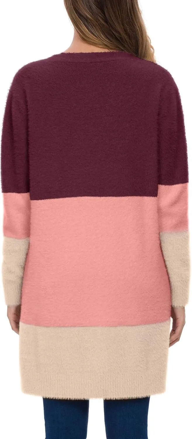 QIXING Women's Casual Open Front Knit Cardigans Long Sleeve Plush Sweater Coat with Pockets