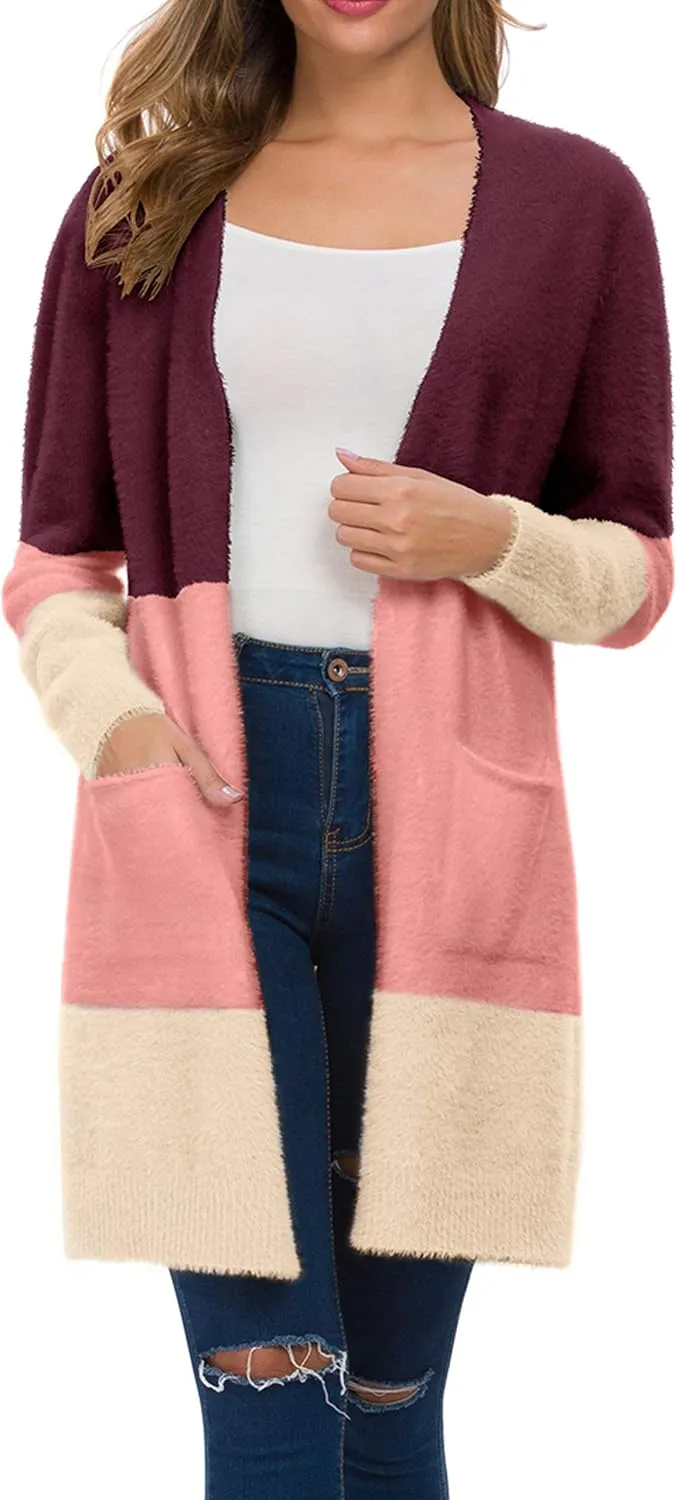 QIXING Women's Casual Open Front Knit Cardigans Long Sleeve Plush Sweater Coat with Pockets
