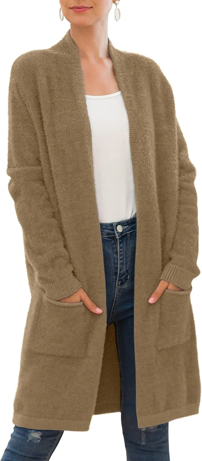 QIXING Women's Casual Open Front Knit Cardigans Long Sleeve Plush Sweater Coat with Pockets