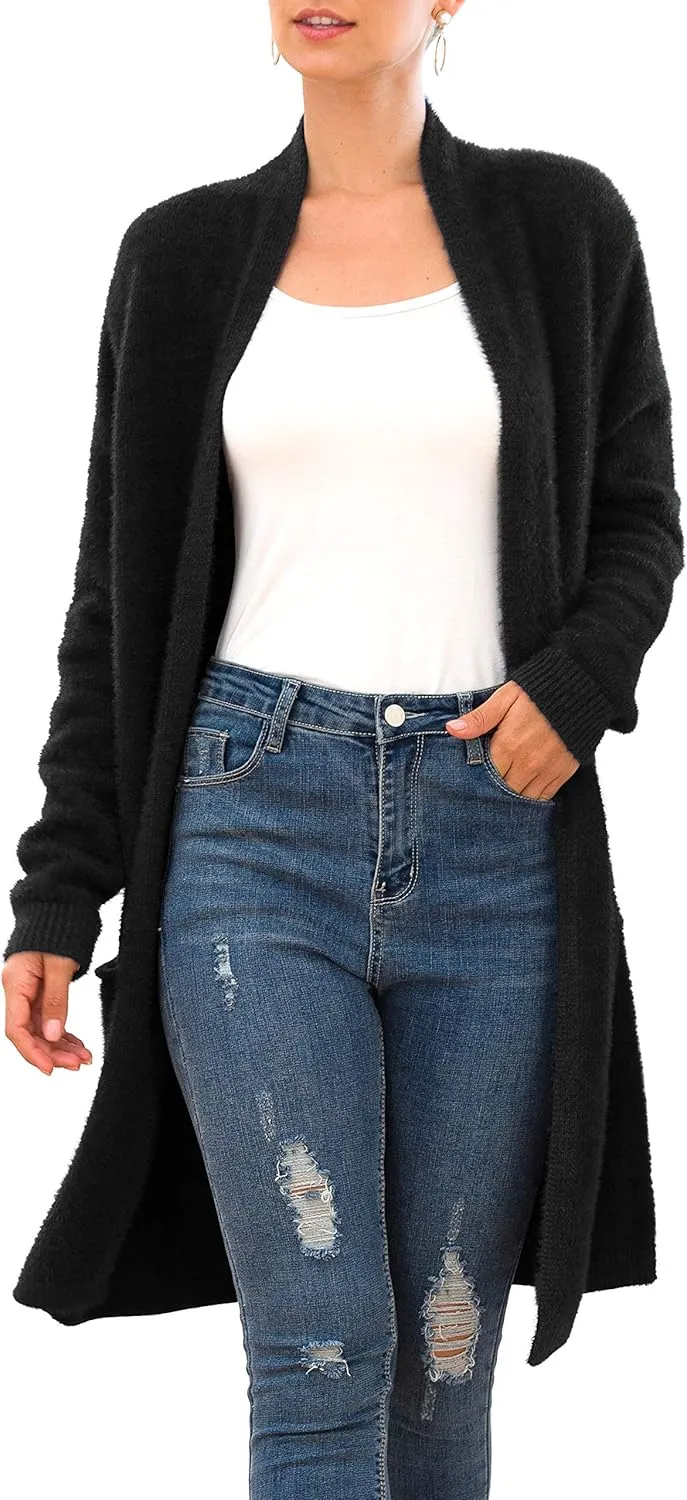QIXING Women's Casual Open Front Knit Cardigans Long Sleeve Plush Sweater Coat with Pockets