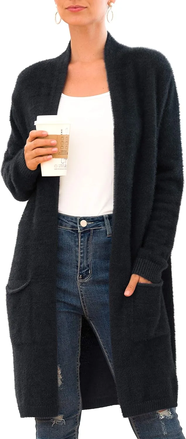QIXING Women's Casual Open Front Knit Cardigans Long Sleeve Plush Sweater Coat with Pockets