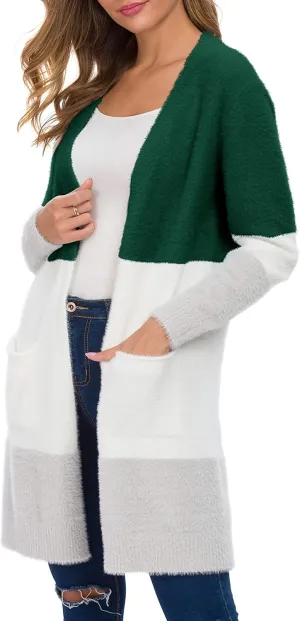 QIXING Women's Casual Open Front Knit Cardigans Long Sleeve Plush Sweater Coat with Pockets