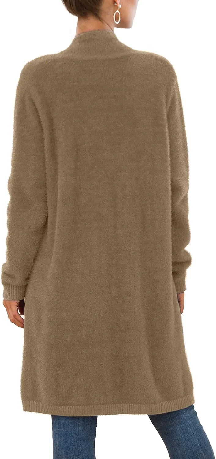 QIXING Women's Casual Open Front Knit Cardigans Long Sleeve Plush Sweater Coat with Pockets