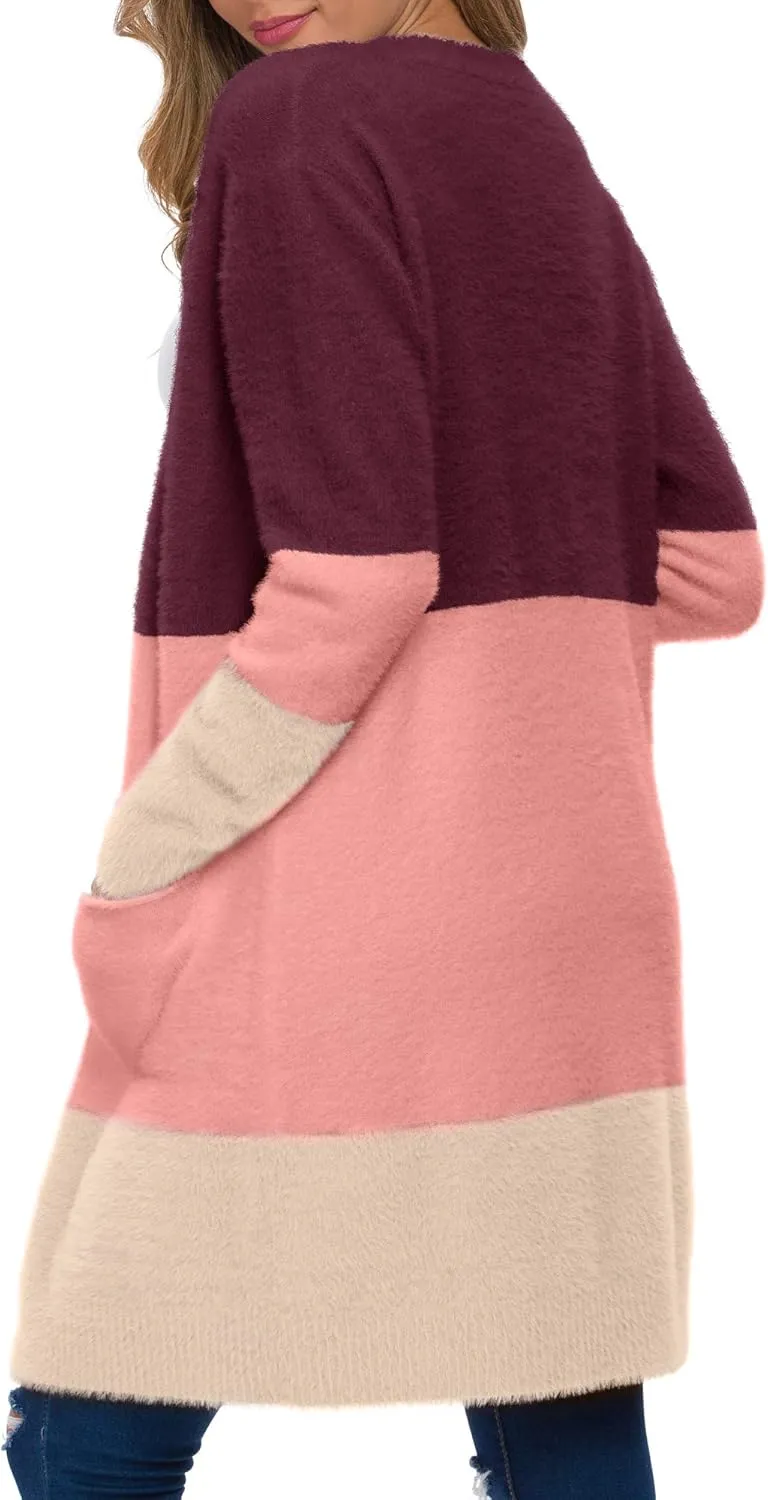 QIXING Women's Casual Open Front Knit Cardigans Long Sleeve Plush Sweater Coat with Pockets