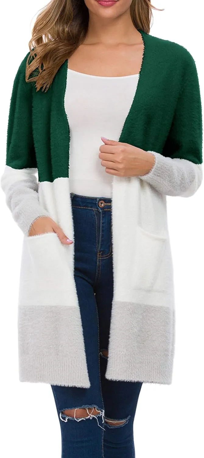 QIXING Women's Casual Open Front Knit Cardigans Long Sleeve Plush Sweater Coat with Pockets