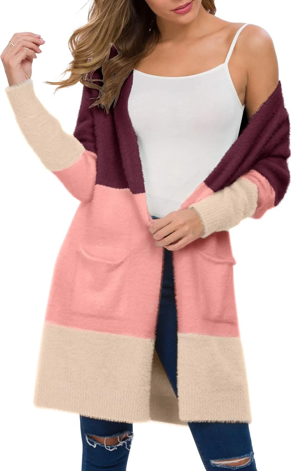 QIXING Women's Casual Open Front Knit Cardigans Long Sleeve Plush Sweater Coat with Pockets