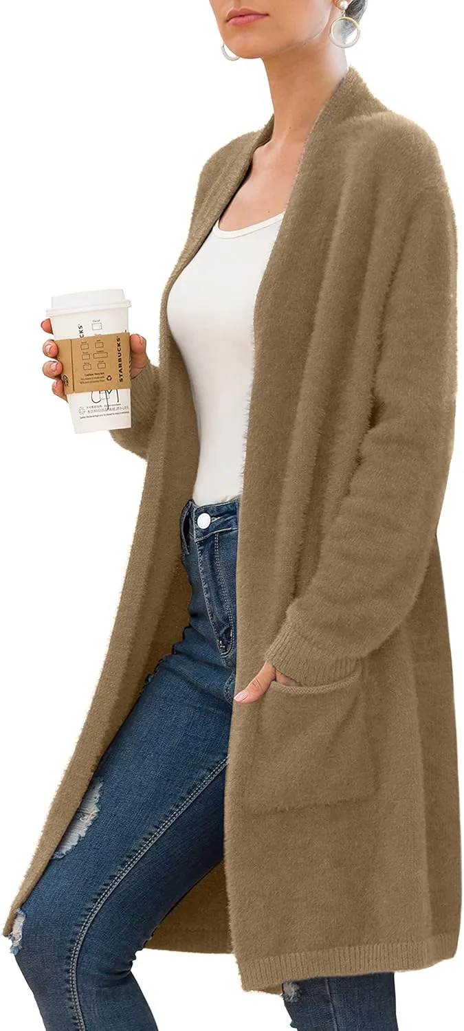 QIXING Women's Casual Open Front Knit Cardigans Long Sleeve Plush Sweater Coat with Pockets