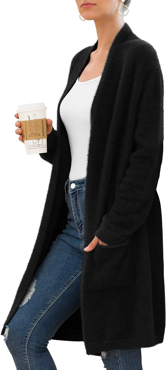 QIXING Women's Casual Open Front Knit Cardigans Long Sleeve Plush Sweater Coat with Pockets
