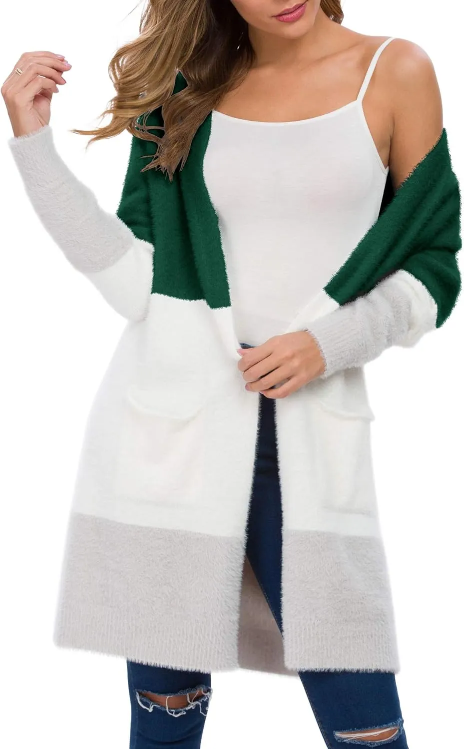 QIXING Women's Casual Open Front Knit Cardigans Long Sleeve Plush Sweater Coat with Pockets