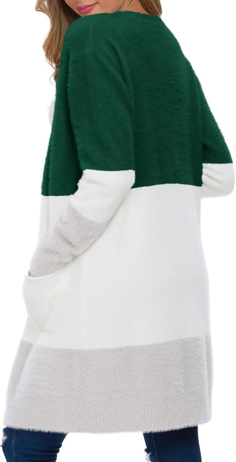 QIXING Women's Casual Open Front Knit Cardigans Long Sleeve Plush Sweater Coat with Pockets