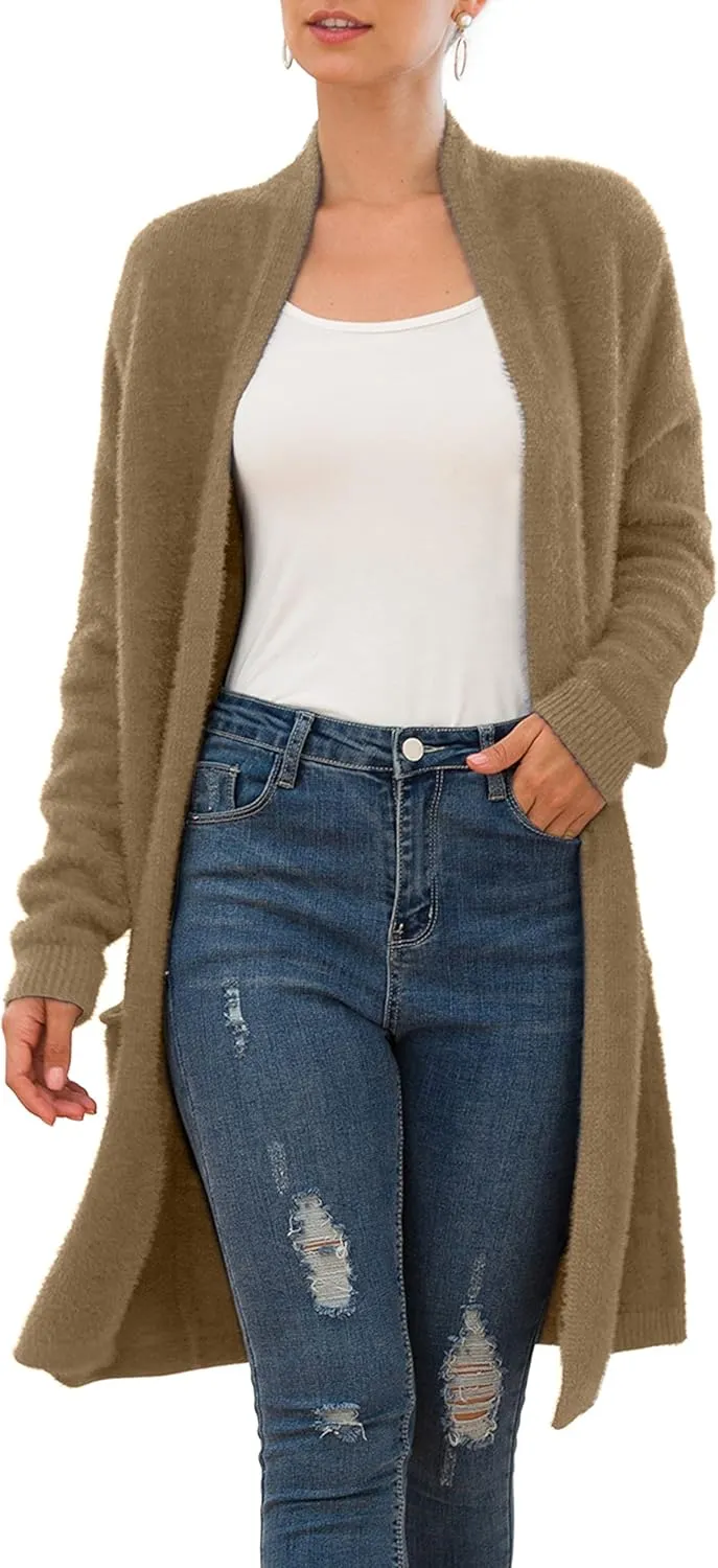 QIXING Women's Casual Open Front Knit Cardigans Long Sleeve Plush Sweater Coat with Pockets