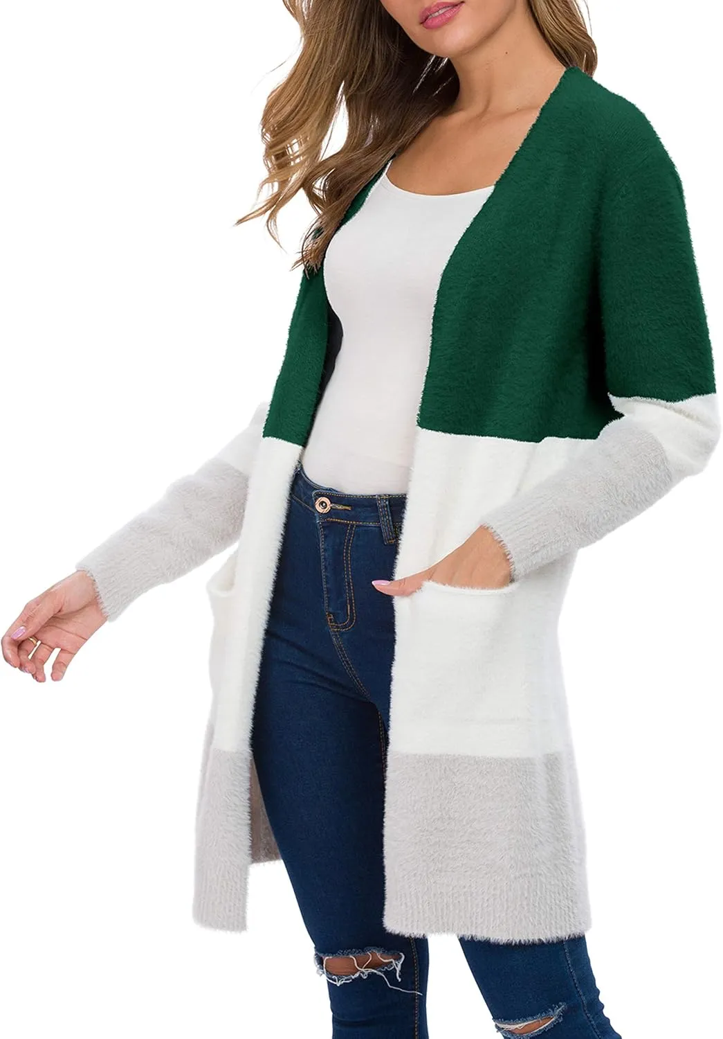 QIXING Women's Casual Open Front Knit Cardigans Long Sleeve Plush Sweater Coat with Pockets