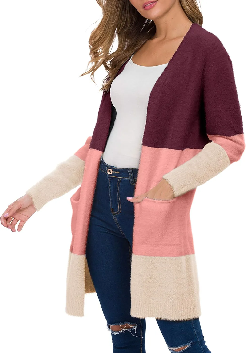 QIXING Women's Casual Open Front Knit Cardigans Long Sleeve Plush Sweater Coat with Pockets