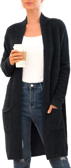 QIXING Women's Casual Open Front Knit Cardigans Long Sleeve Plush Sweater Coat with Pockets