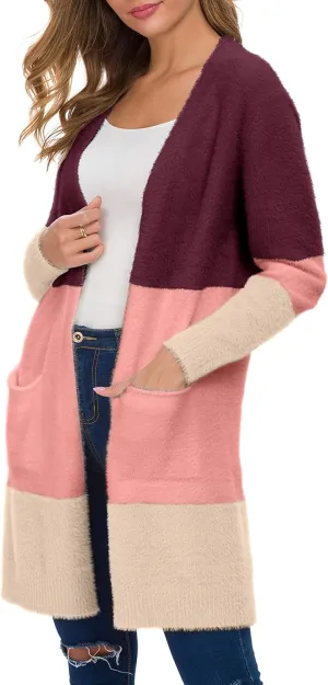 QIXING Women's Casual Open Front Knit Cardigans Long Sleeve Plush Sweater Coat with Pockets