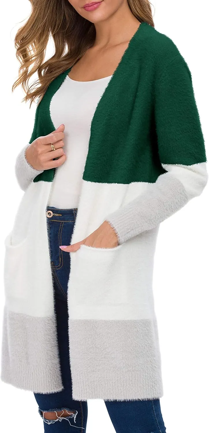 QIXING Women's Casual Open Front Knit Cardigans Long Sleeve Plush Sweater Coat with Pockets