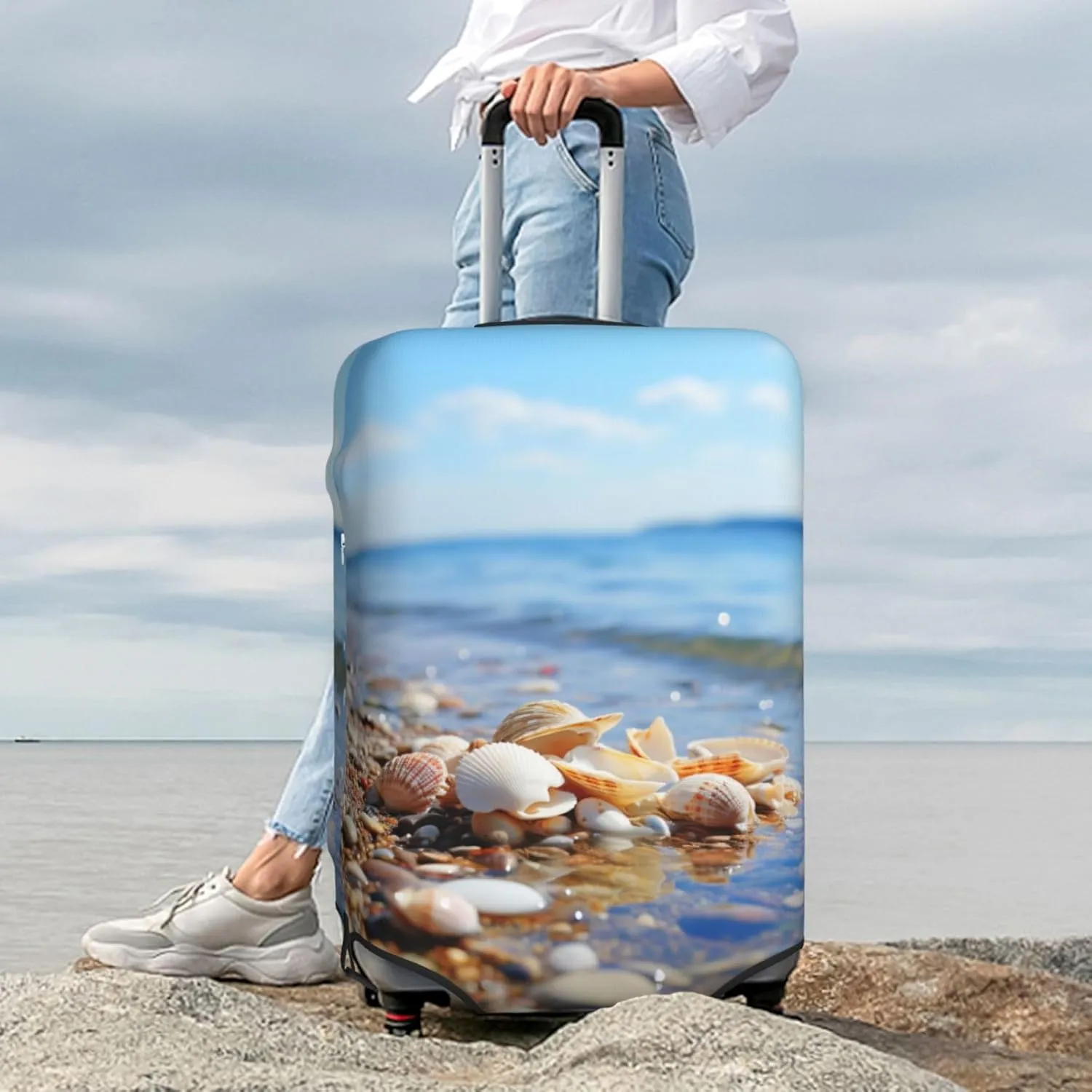 Sea And Shells Print Washable Luggage Cover Fashion Suitcase Protector Cover Fits 18-32 Inch Luggage